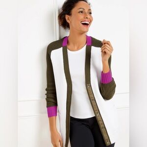 NWT Talbots Colorblock Olive Purple Trim Cardigan Size Large
